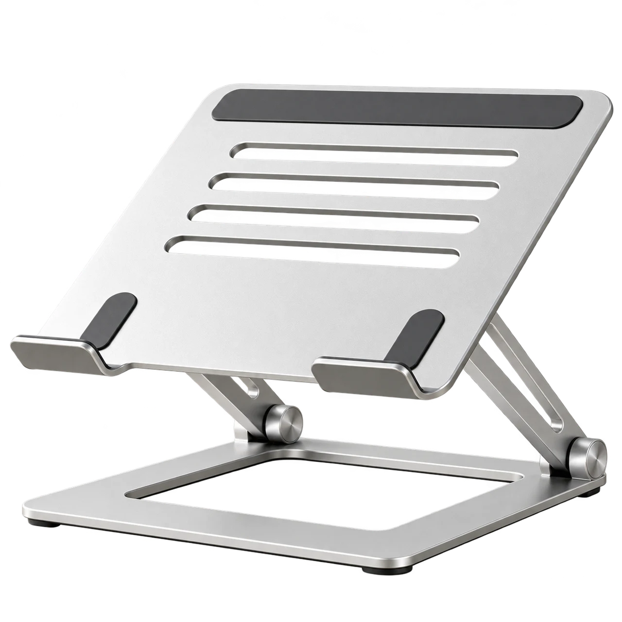 Suporte articulado de alumínio para notebook, com base vazada e apoios pretos